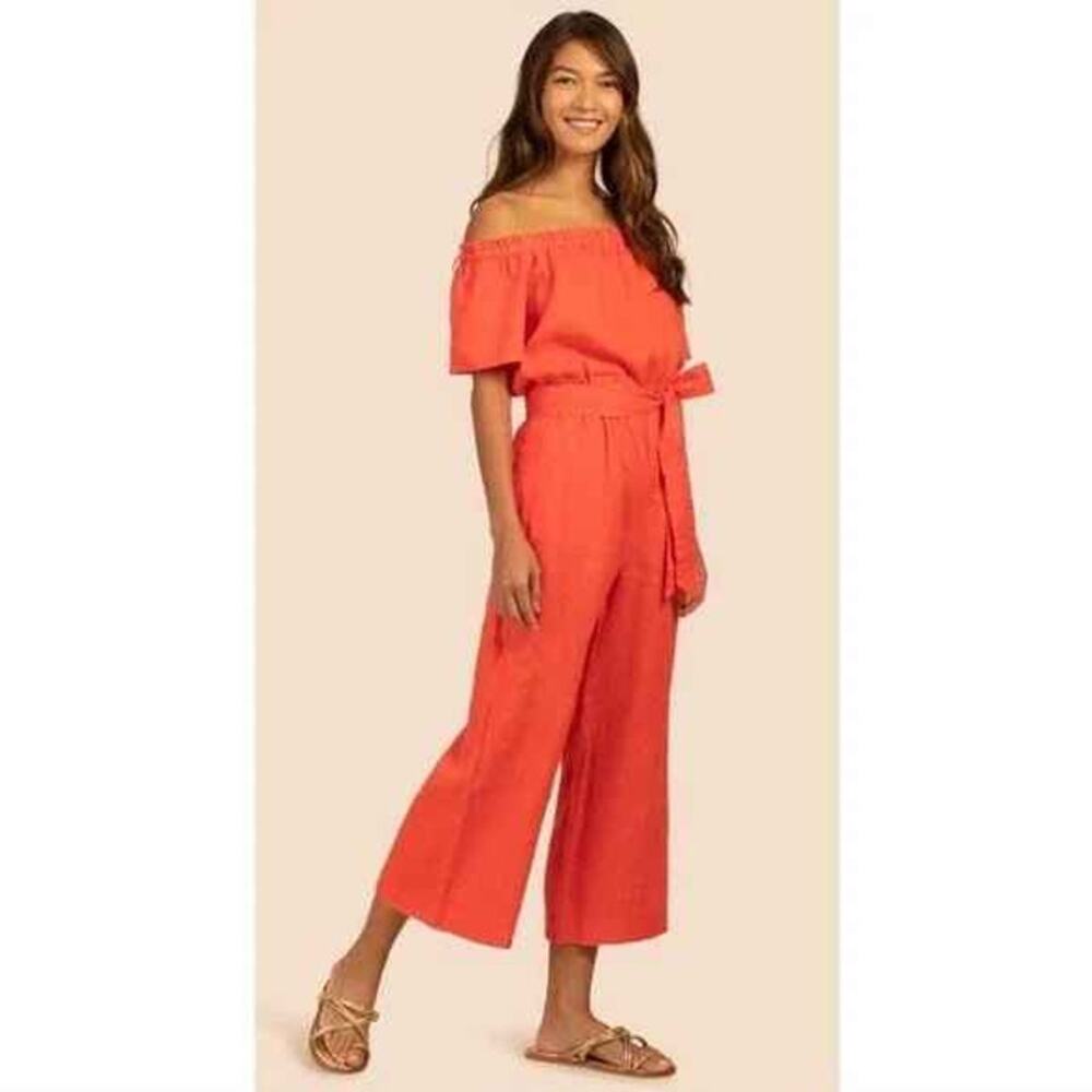 Trina Turk Out of Office Coral Belted Off Shoulder Linen Jumpsuit Small